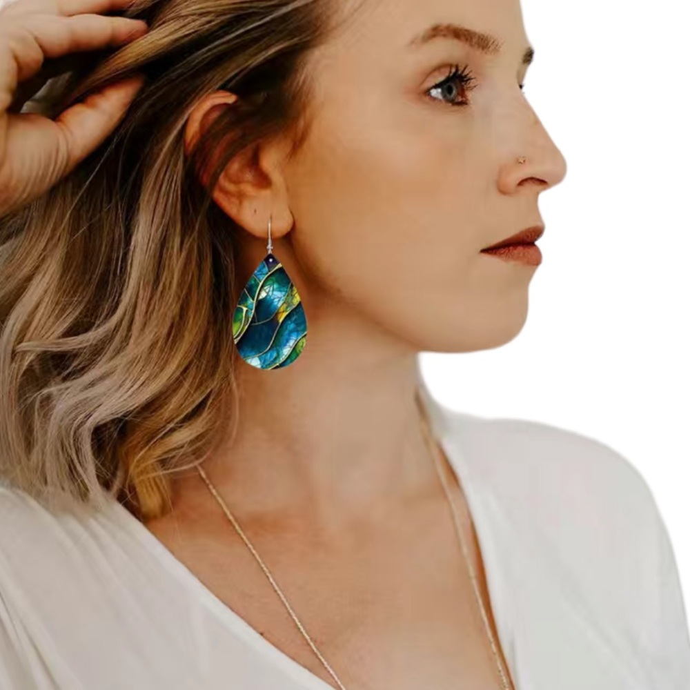 Blue, Green and Yellow Mosaic Leather Drop Earrings